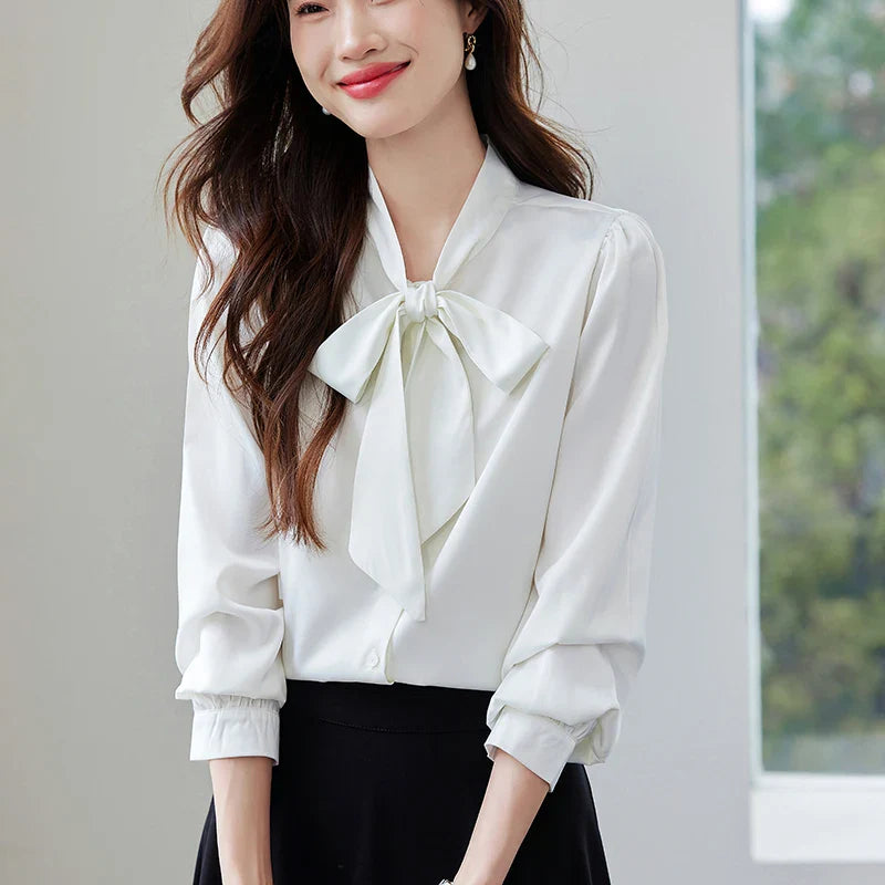 Elegant Women's Long Sleeve Blouse with Bow Collar Casual Loose Fit White Office Shirt Top
