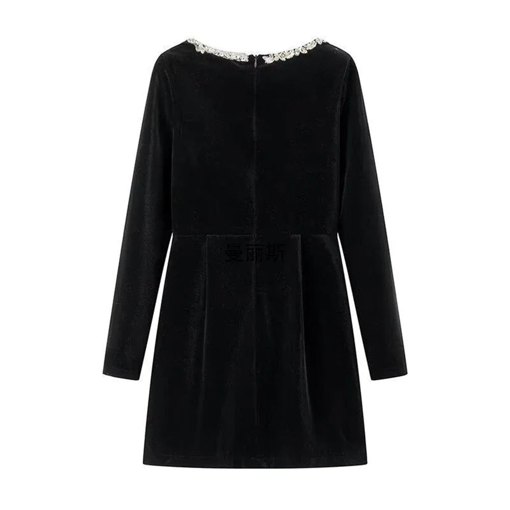 Beaded Mini Dress With Plunge Neckline And Long Sleeve