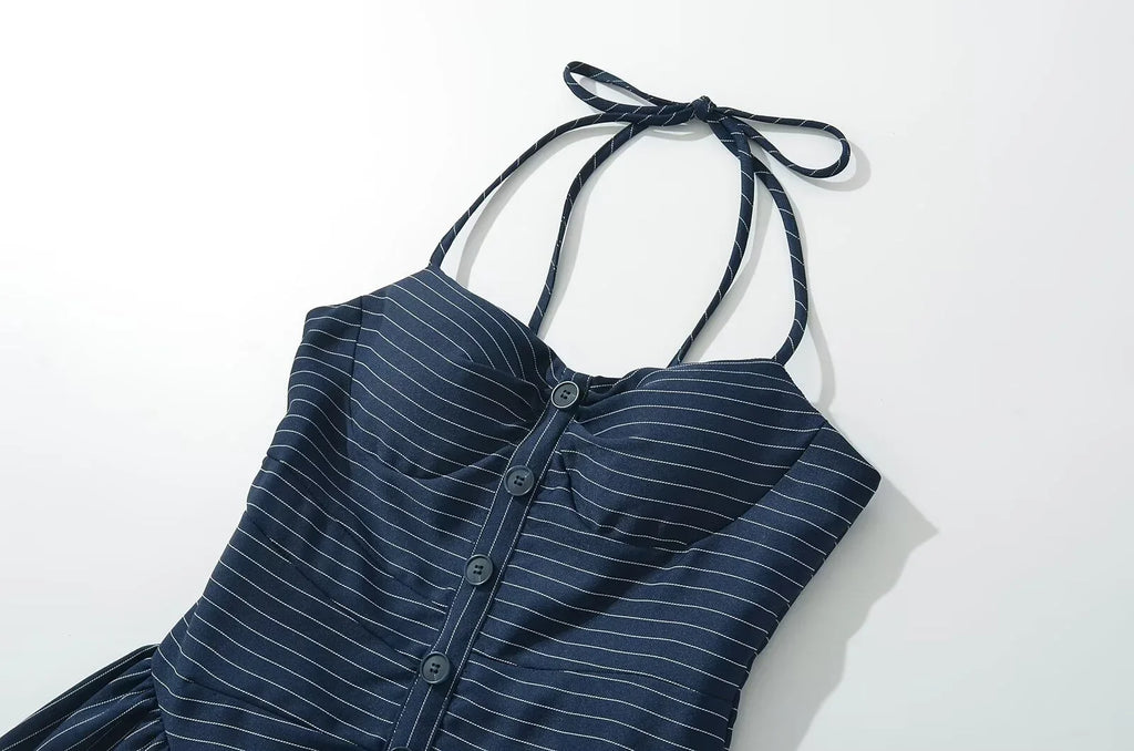 French Retro Halter Neck Striped Dress Slim Fit For Women