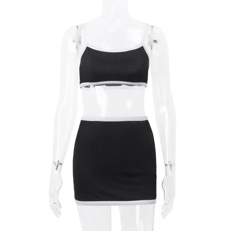 Casual Sporty Women Two Piece Set High Streetwear Patchwork Slip Tank Top with Skinny Elastic Mini Skirt
