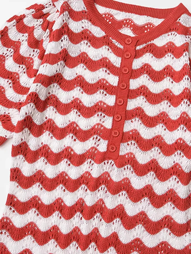 Women's Striped Knit Midi Dress With Front Button O Neck