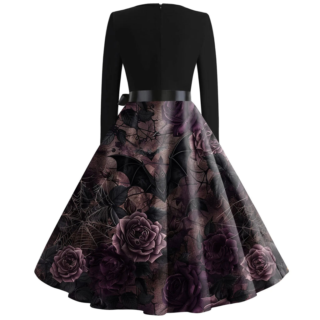 Halloween Printed V Neck Vintage Casual Dress for Women