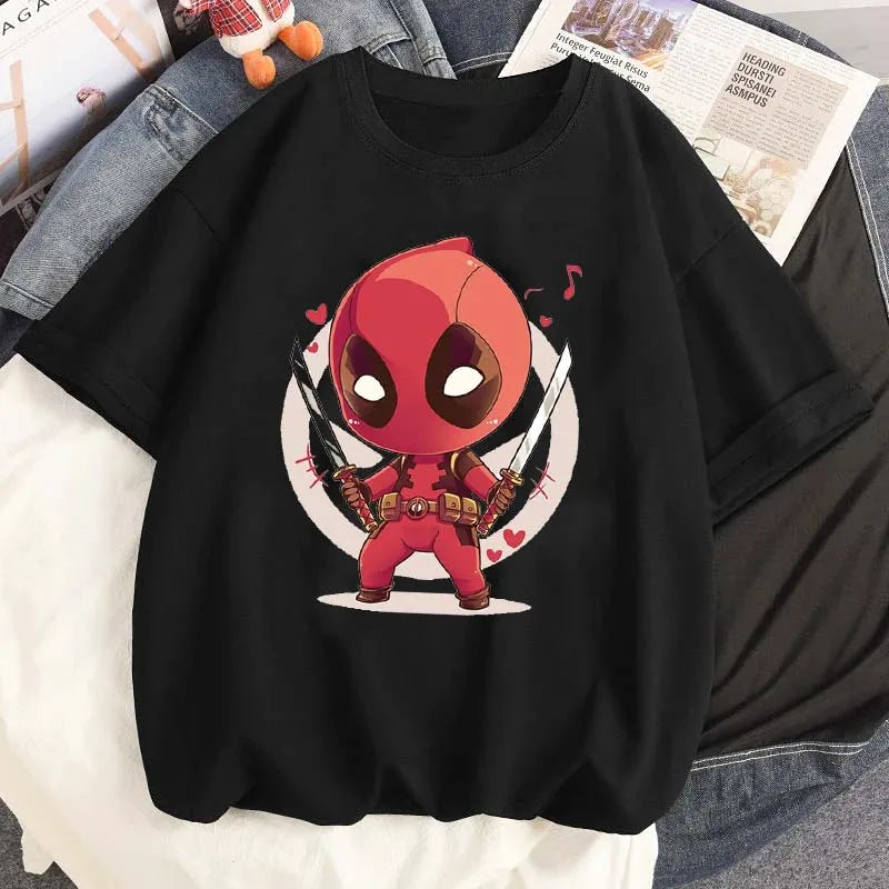 Cartoon Disney Marvel Deadpool Printed T-Shirt for Women Casual Summer Street Wear O-Neck Short Sleeve Tee
