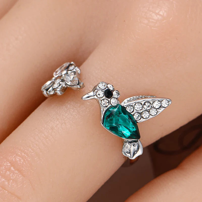 Elegant Natural Blue Stone Hummingbird Adjustable Ring for Women - Unique Glass Filled Wedding and Engagement Jewelry