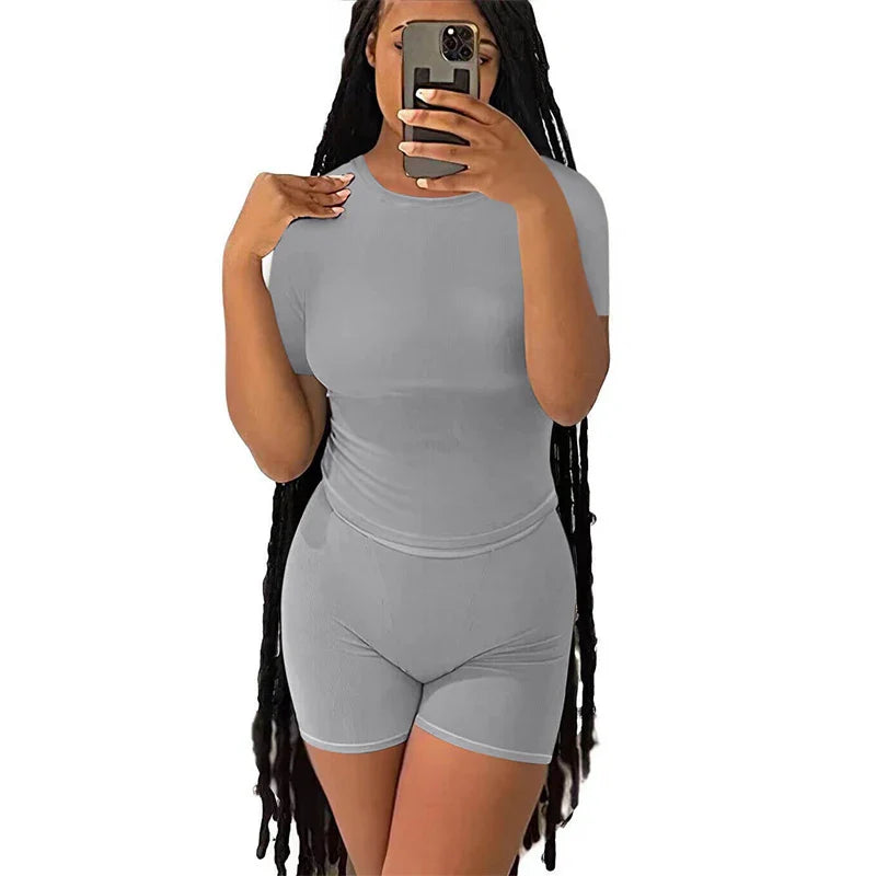 Casual Workout Two Piece Set for Women Fitted Crew Neck T-Shirt with High Waist Pants Matching Streetwear Outfit