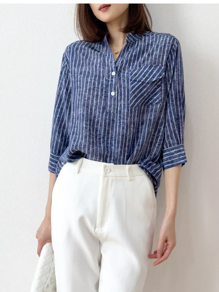 Women 100 Percent Mulberry Crepe Silk Shirt Blue Jeans Stripe Printed Three Quarter Sleeve Pullover Blouse Elegant Office Top in M L XL