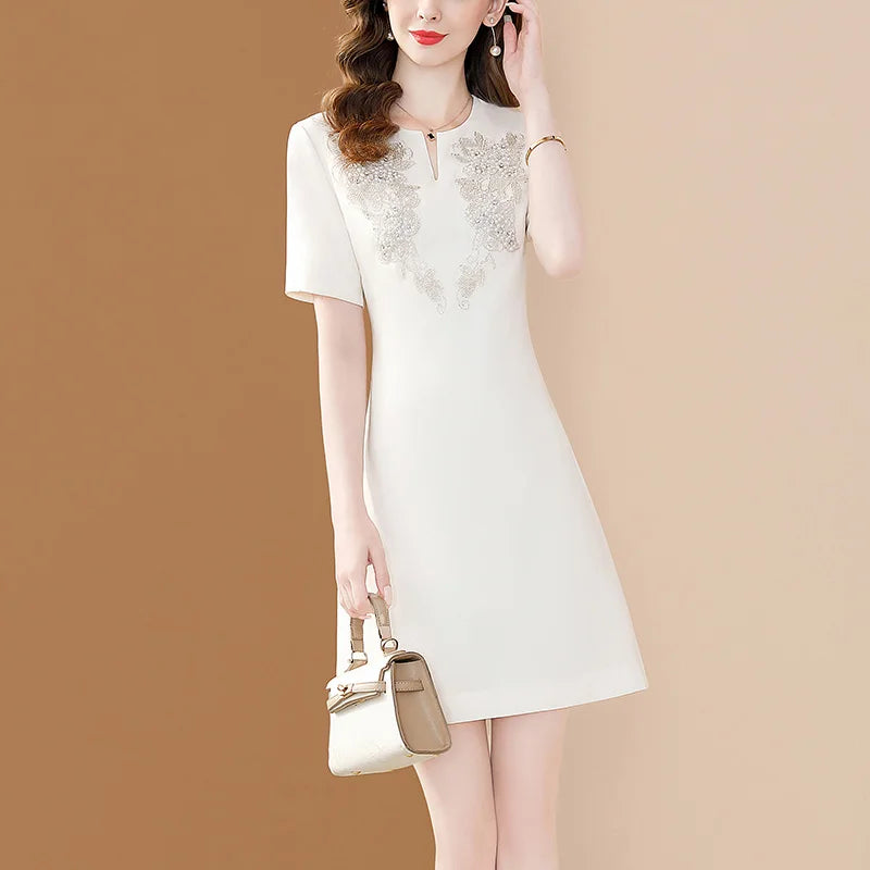 White Floral Embroidery A-Line Dress Short Sleeve Chic