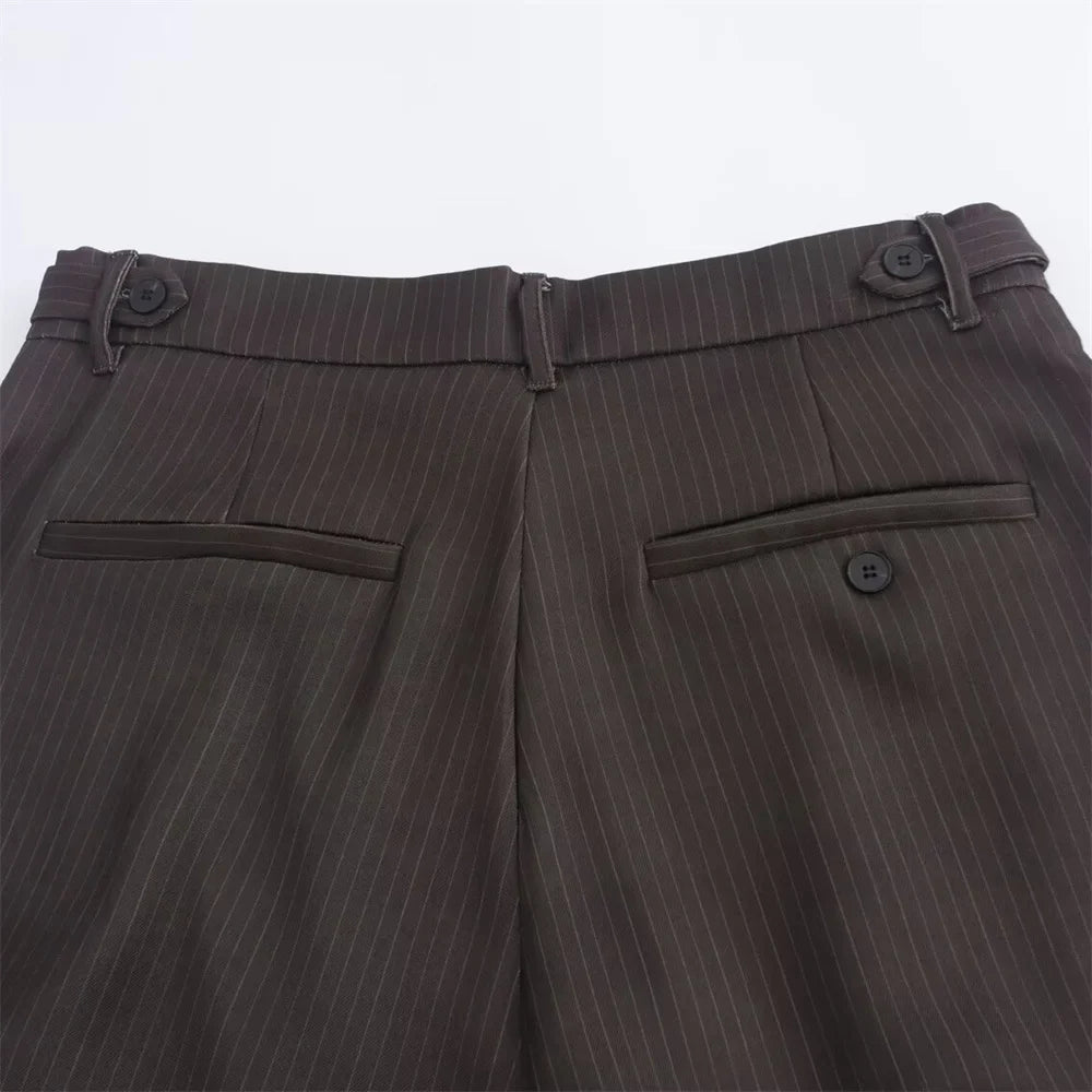 Autumn Women's Fashion Striped Loose Suit Coat with Buckle Decoration and High Waist Striped Pants Set