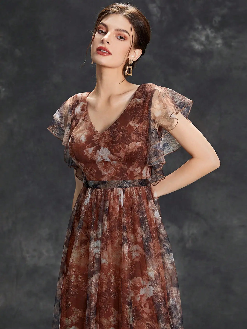 V Neck Lace Patchwork Evening Gown With Ruffled Sleeves