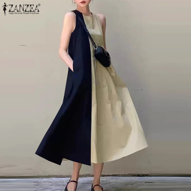 Women's Colorblock Sleeveless Midi Sundress With Pockets