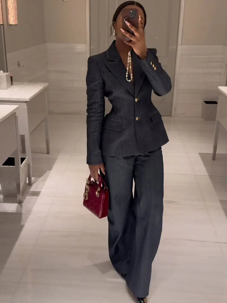 Women's Denim Jacket and Pants Set with Long Sleeve Blazer, Strapless Vest, and Straight Leg Jeans Fashion Outfit