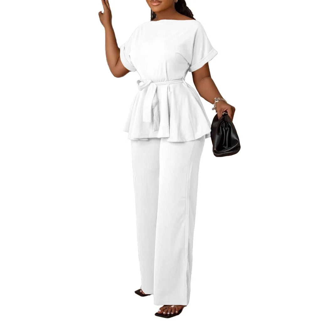 Women's Elegant 2 Piece Pants Set with Solid Blouse Short Sleeve O Neck and Long Trousers