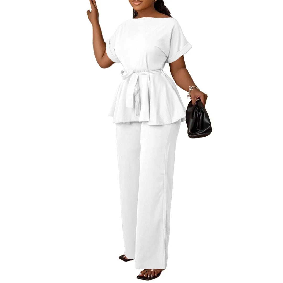Women's Elegant 2 Piece Pants Set with Solid Blouse Short Sleeve O Neck and Long Trousers