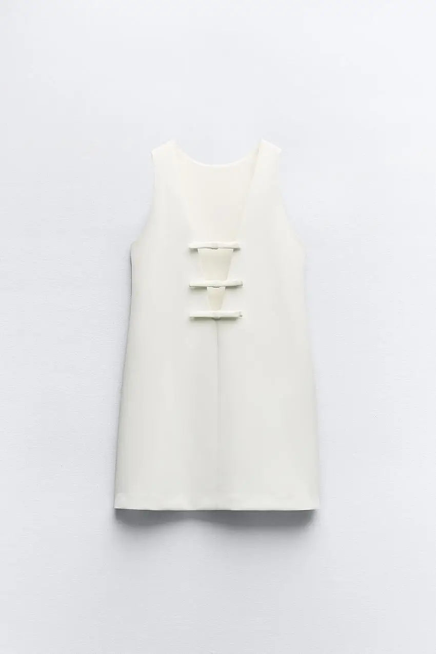 Bow Decoration Mini Dress Sleeveless Backless Round Neck