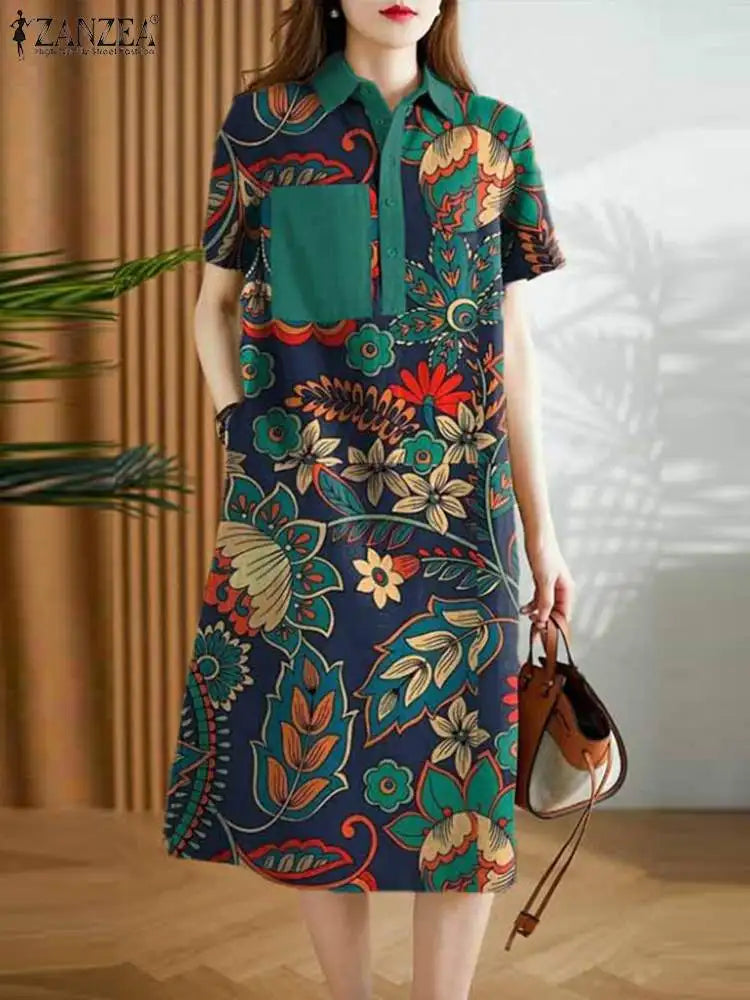 Bohemian Floral Shirt Dress For Women Vintage Short Sleeve