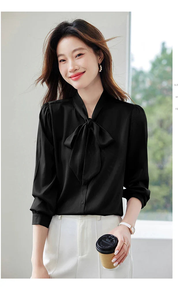 Elegant Women's Long Sleeve Blouse with Bow Collar Casual Loose Fit White Office Shirt Top