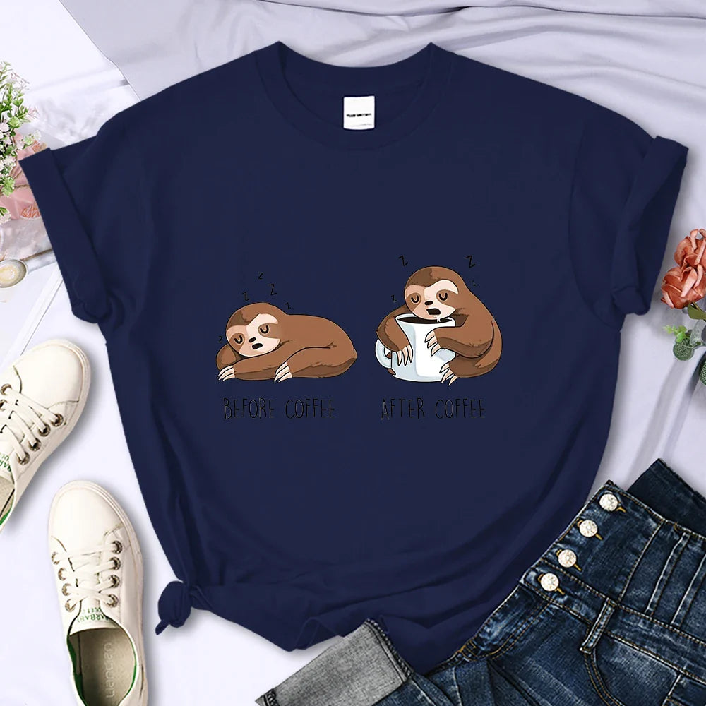 Before Coffee After Coffee Kawaii Sloth T Shirt for Women Casual Fashion Short Sleeve Breathable Tee