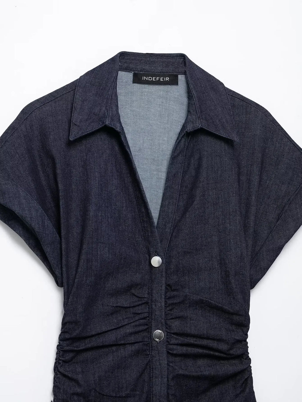 Navy Blue Pleated Denim Midi Dress for Women Short Sleeves