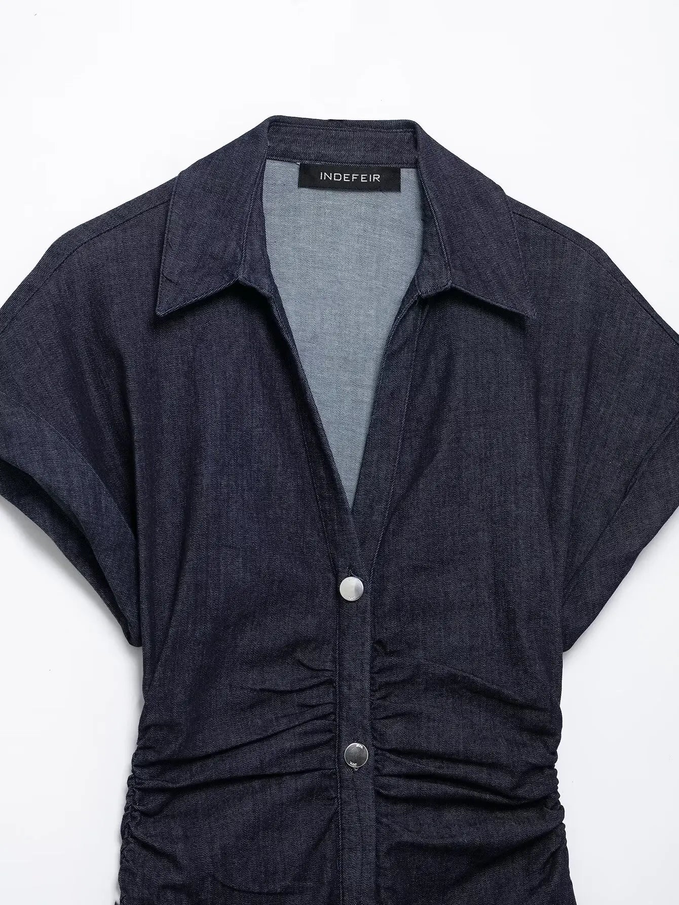 Navy Blue Pleated Denim Midi Dress for Women Short Sleeves