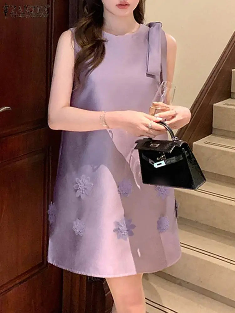 Elegant Korean Flower Bow Sleeveless Mini Dress For Women