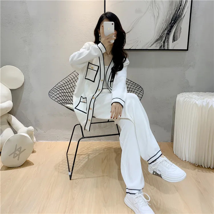 Autumn Elegant Two Piece Trouser Suit for Office Ladies with Long Sleeve Coat and Casual Wide Leg Trousers Set