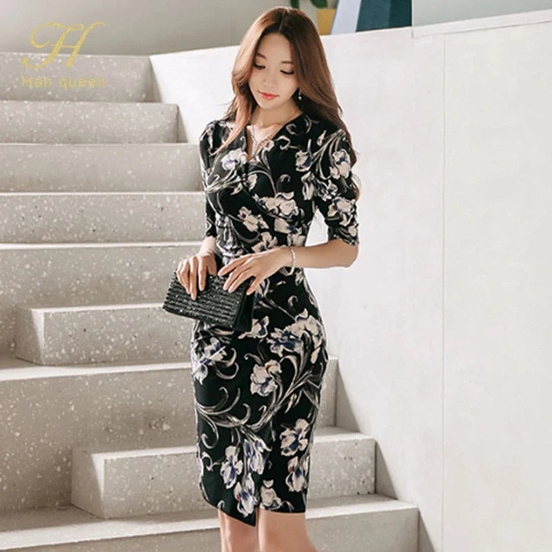 V-Neck Pencil Dress for Women Vintage Print Office Wear