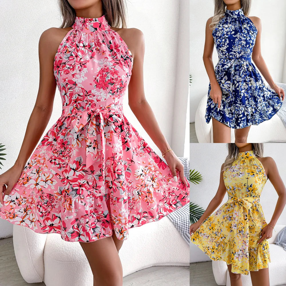 Floral Halter Neck A Line Dress With Lace Up Ruffles Spring
