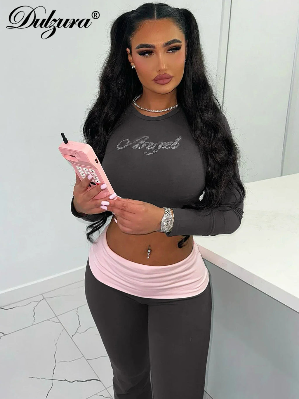 Women's Sexy Casual Two Piece Pants Set with Long Sleeve Letter Print Crop Top and Flare Pants for Streetwear Fashion