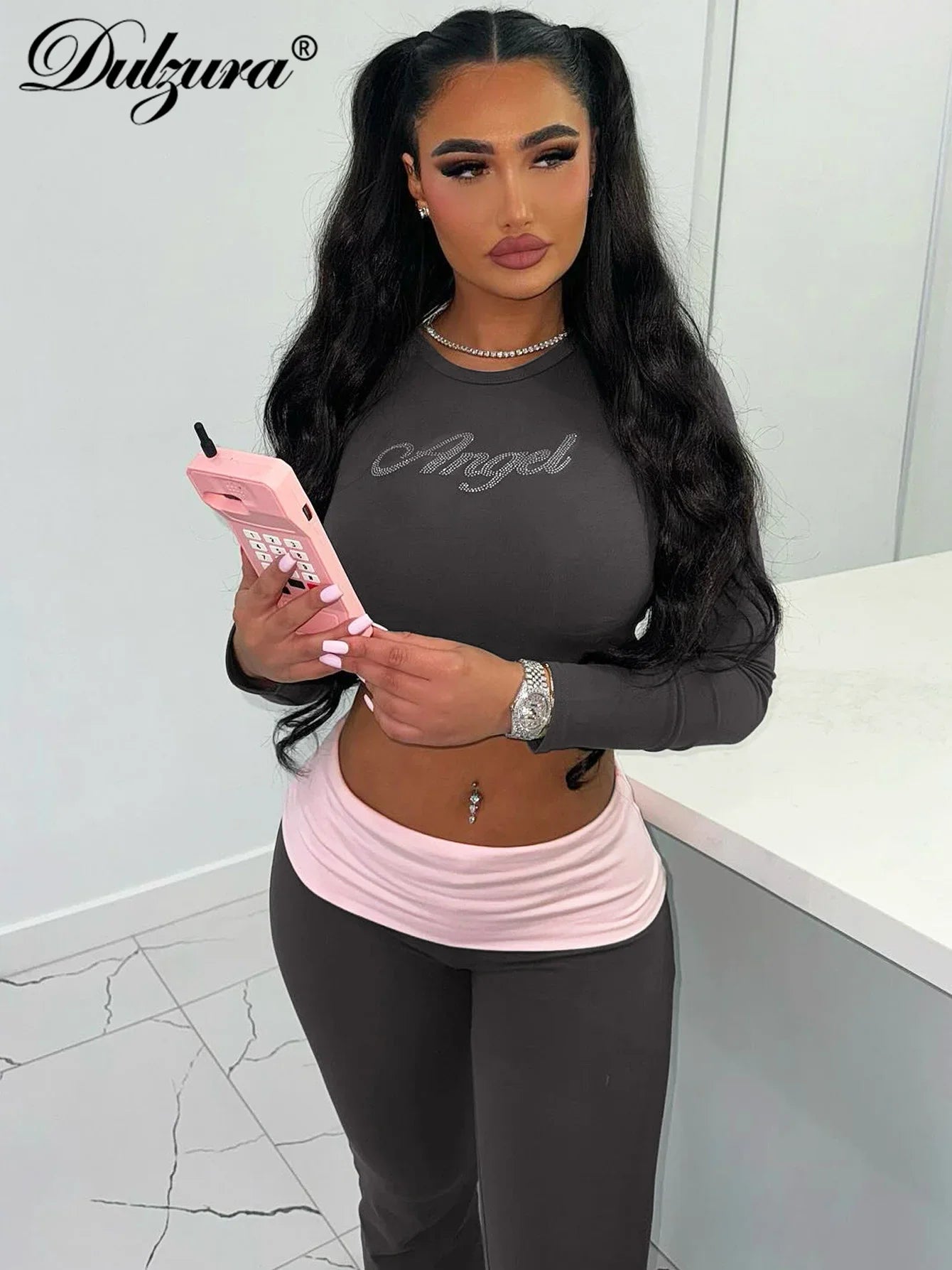 Women's Sexy Casual Two Piece Pants Set with Long Sleeve Letter Print Crop Top and Flare Pants for Streetwear Fashion