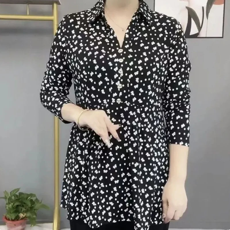 Elegant Autumn Polo Neck Floral Blouse for Women Thin Long Sleeve Vintage Printed Shirt with Button Detail