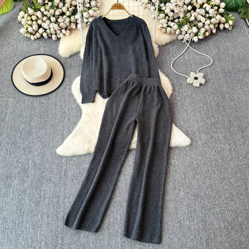 Cozy Knitted Two-Piece Women's Tracksuit Set with V-Neck Sweater and Straight Jogging Pants Autumn Winter Lounge Wear