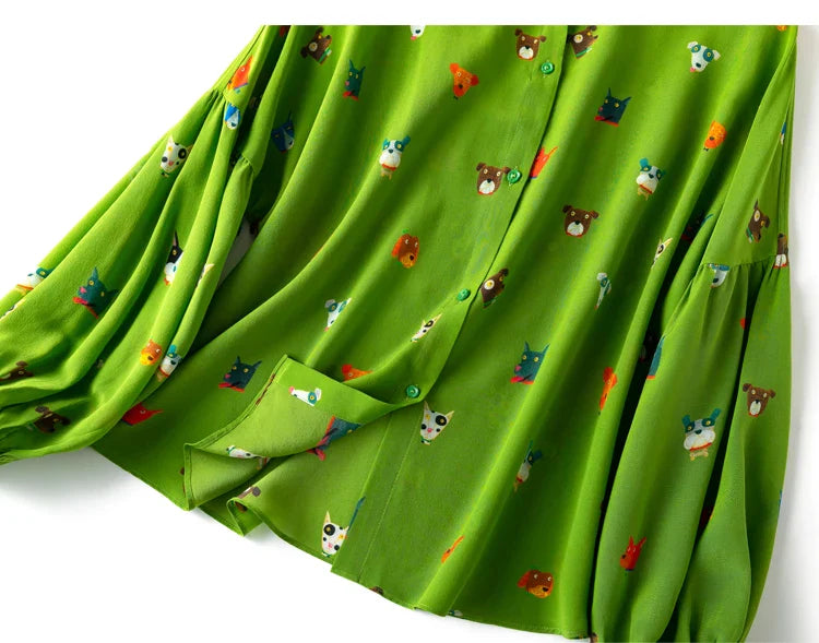 Women Shirt 100 Percent Mulberry Crepe Silk Green Lantern Sleeve Blouse with Cartoon Button Detail