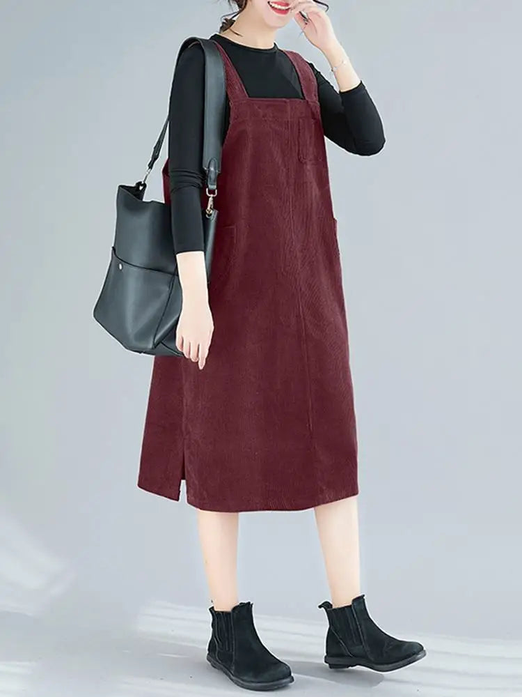 Corduroy Overalls Dress Women With Pockets Sundress