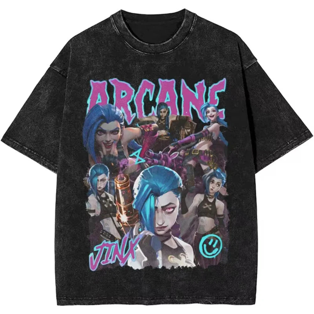 Anime Arcane Jinx Oversized Cotton T Shirt for Men and Women Summer Streetwear Tee Fans Gift