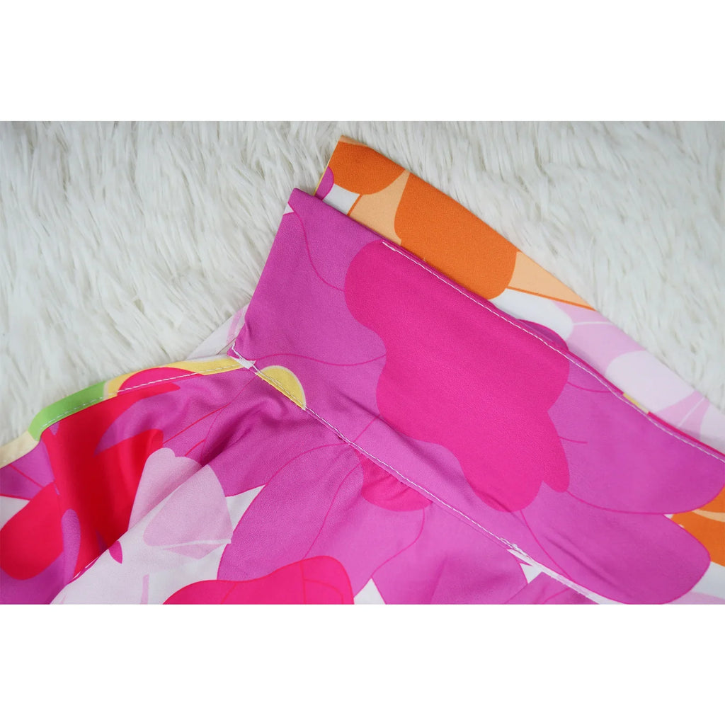 Women's Printed V-Neck Ramie Shirt Loose Bat-Sleeve Summer Top with Belly Cover Age-Reducing Design