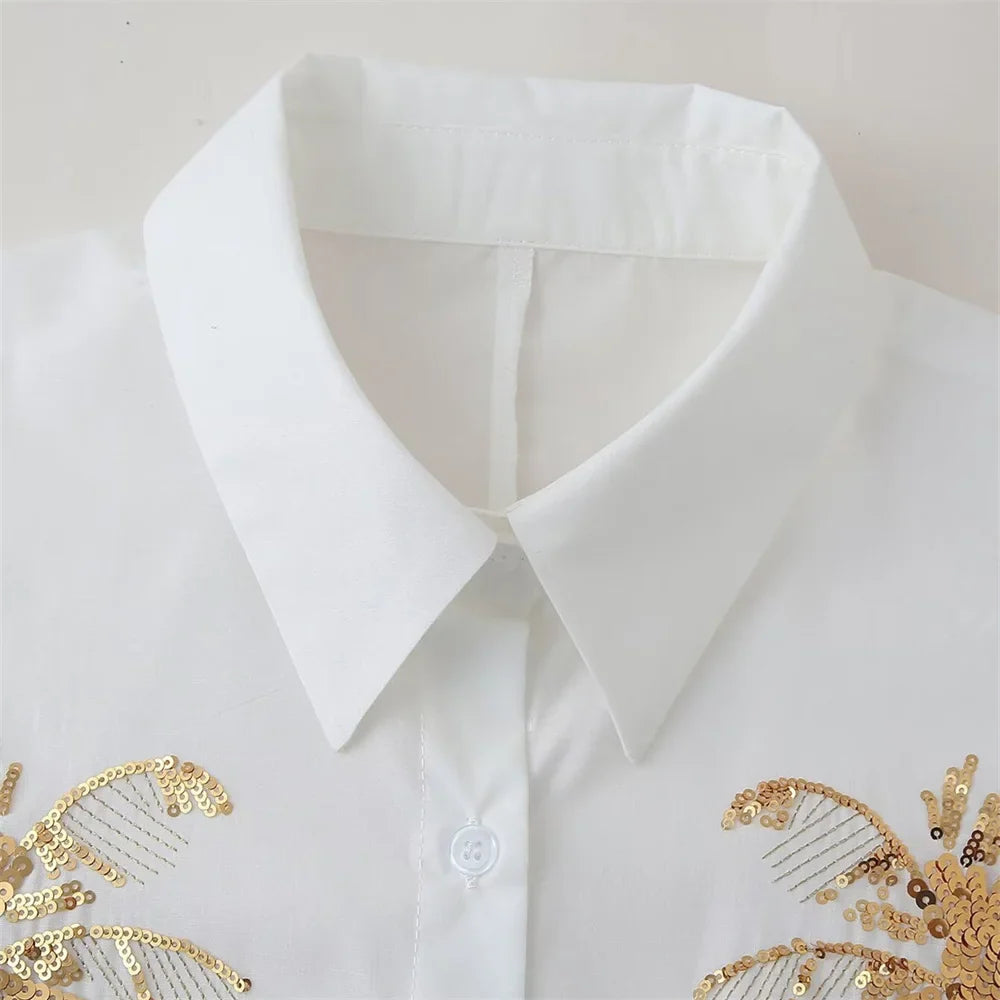 Casual Women's Long Sleeve Shirt Top with Bead Embroidery Loose Fit Relaxed Stylish Versatile Fashion Blouse