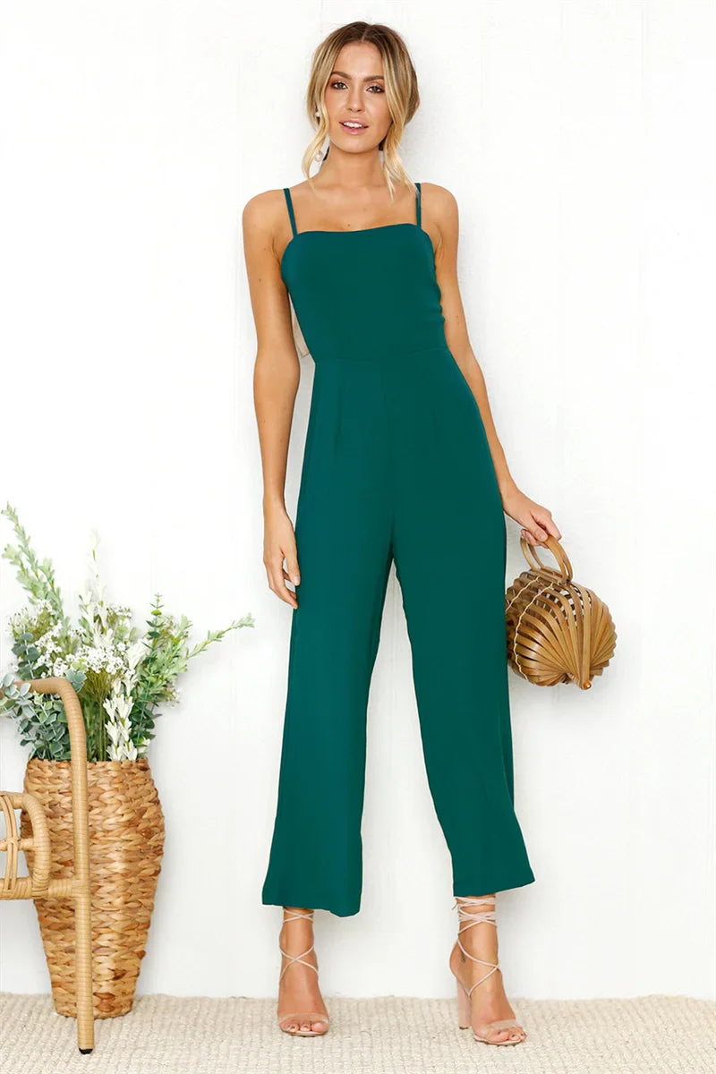 Women Sleeveless Bib Dungarees Jumpsuit Casual Loose Fit Solid Color Wide Leg Overalls with Spaghetti Straps for Autumn