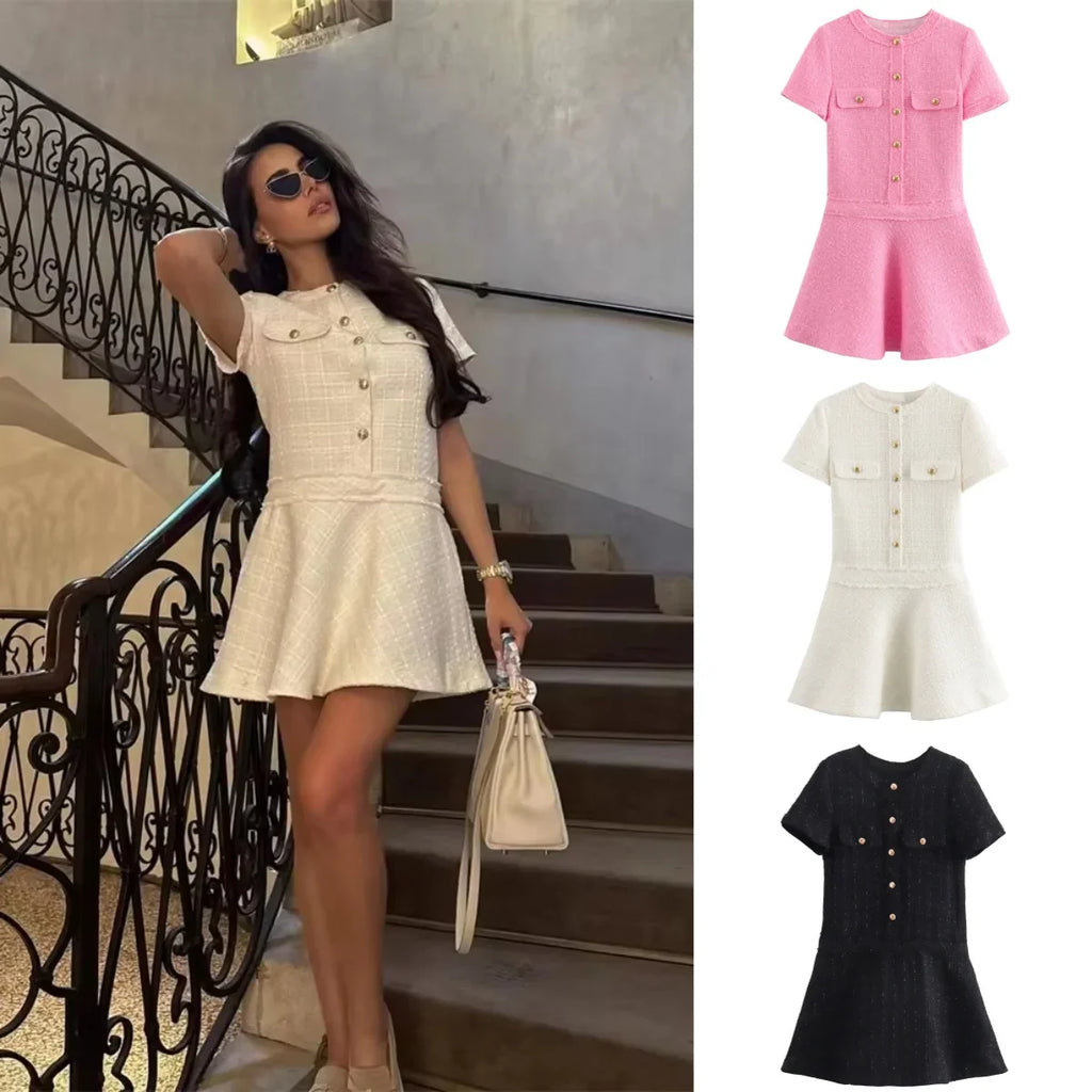Women Textured Mini Dress Summer Round Neck Short Sleeve