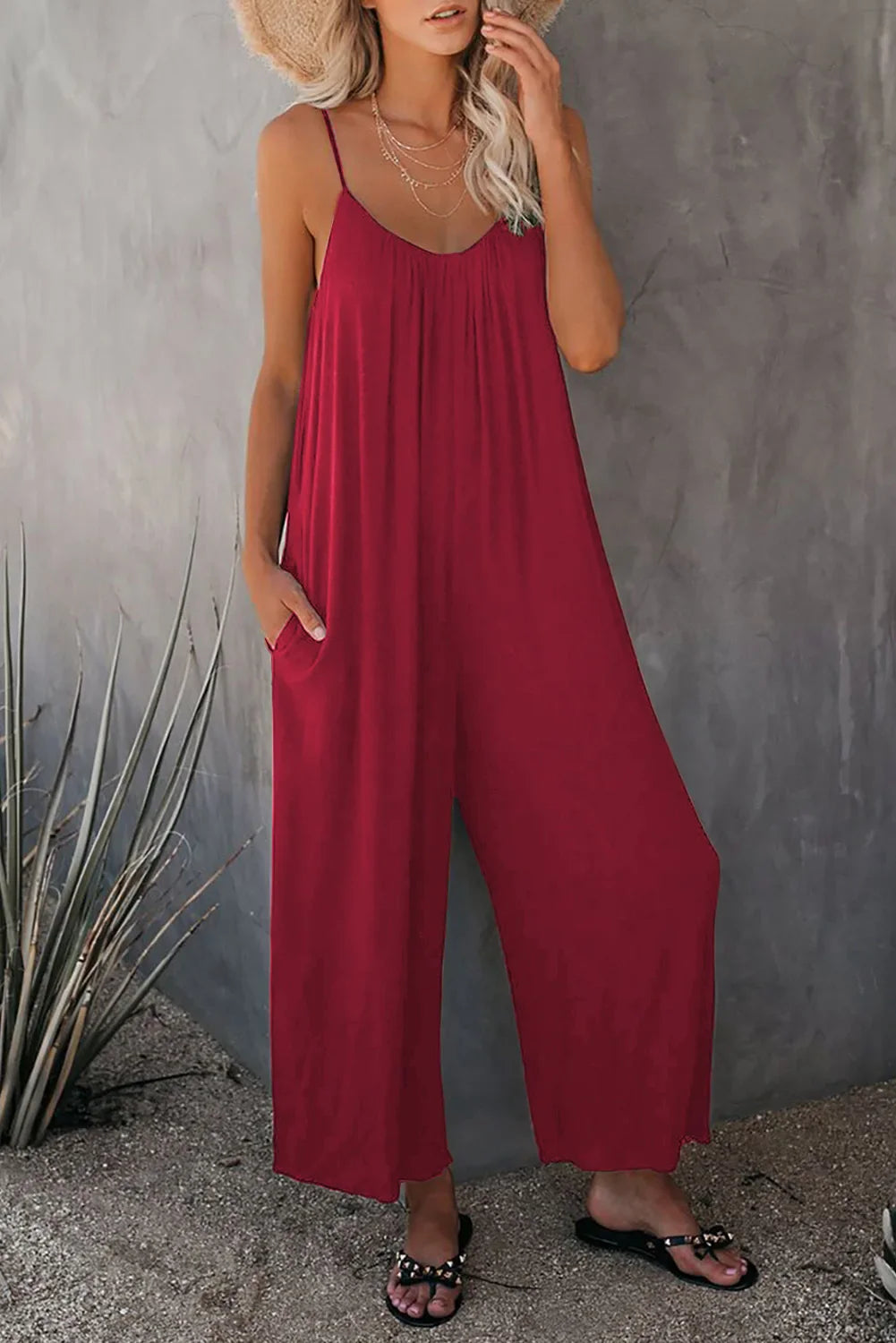 Women's Summer Strap Jumpsuit with Solid Color Design and Convenient Side Pockets Casual Lightweight Romper