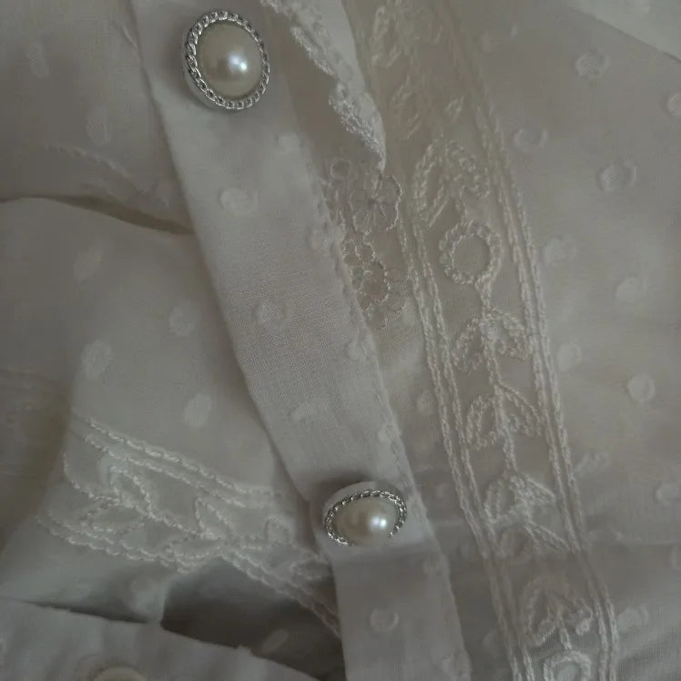 Elegant Women Long Sleeve Loose Button Shirt with Stand Collar Pleated Design Ruffle Lace Blouse Casual Spring Fashion Top