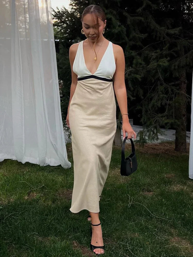 Backless Halter Party Dress With V Neck Patchwork Long Gown