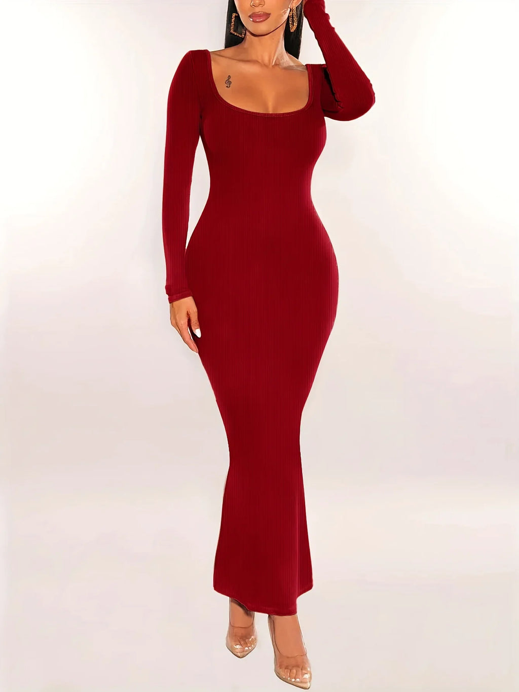Ribbed Knit Long Sleeve Maxi Dress Slim Fit Bodycon