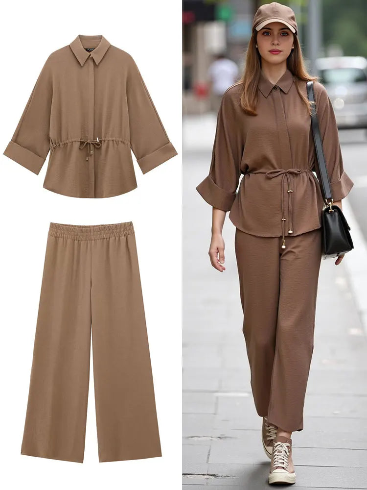 Women Kimono Blouse and Pant Set with Long Sleeve Lace Up Shirt and Loose Casual Elastic Waist Trousers