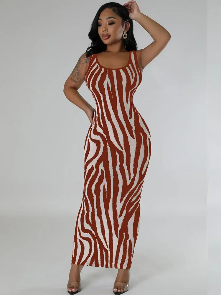 Zebra Print Bodycon Maxi Dress Ruched Sleeveless Party
