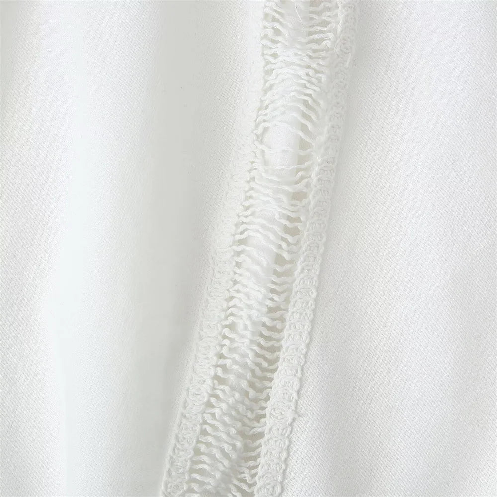 Women White Long Sleeve Blouse and Wide Leg Pants Set with Lace Trim Elegant Design