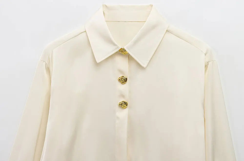 Long Sleeve Lapel Collar Blouse for Women with Fashion Gold Buttons Chic Elegant Office Shirt