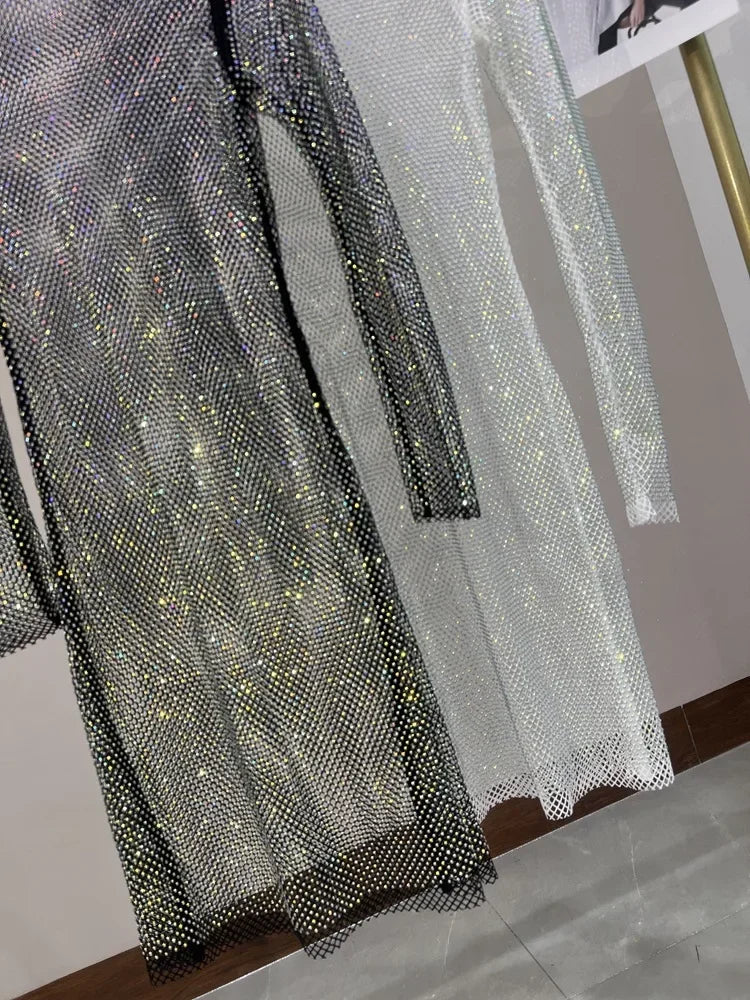 Colorful Sequin Diamond Dress Round Neck Midi Hollow