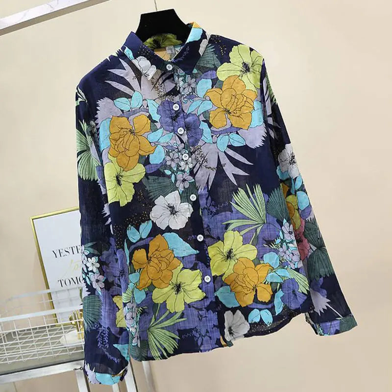 Blue Floral Print Vintage Polo-Neck Long Sleeve Single Breasted Women's Blouse Casual Stylish Top