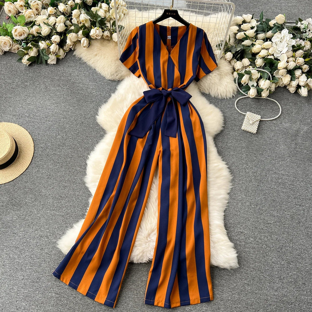 Sleeveless V Neck Stripe Jumpsuit for Women with Lace Up Bow Detail Summer Long Romper High Street Korean Inspired Style