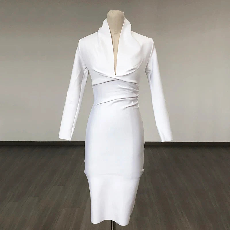 Colorful Deep V Bandage Dress Long Sleeve Bodycon Dress